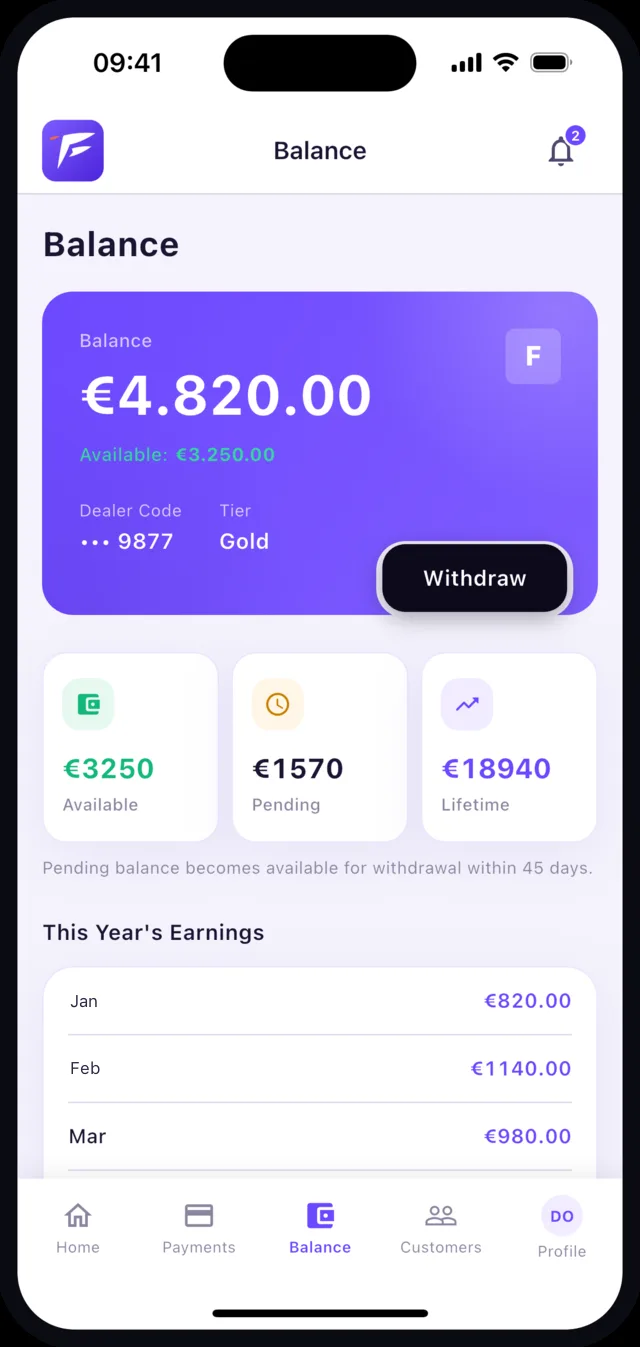 Fusapp Go partner app balance screen
