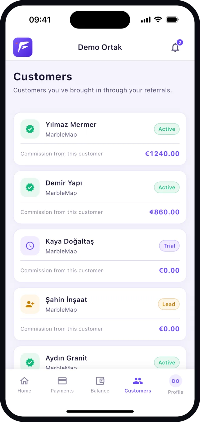 Fusapp Go partner app customer list