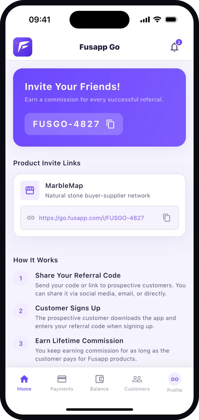 Fusapp Go partner app referral code and product links