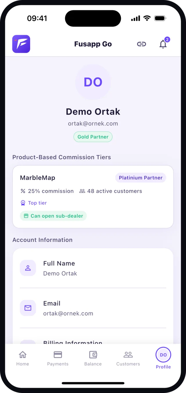Fusapp Go partner app Gold Partner profile screen
