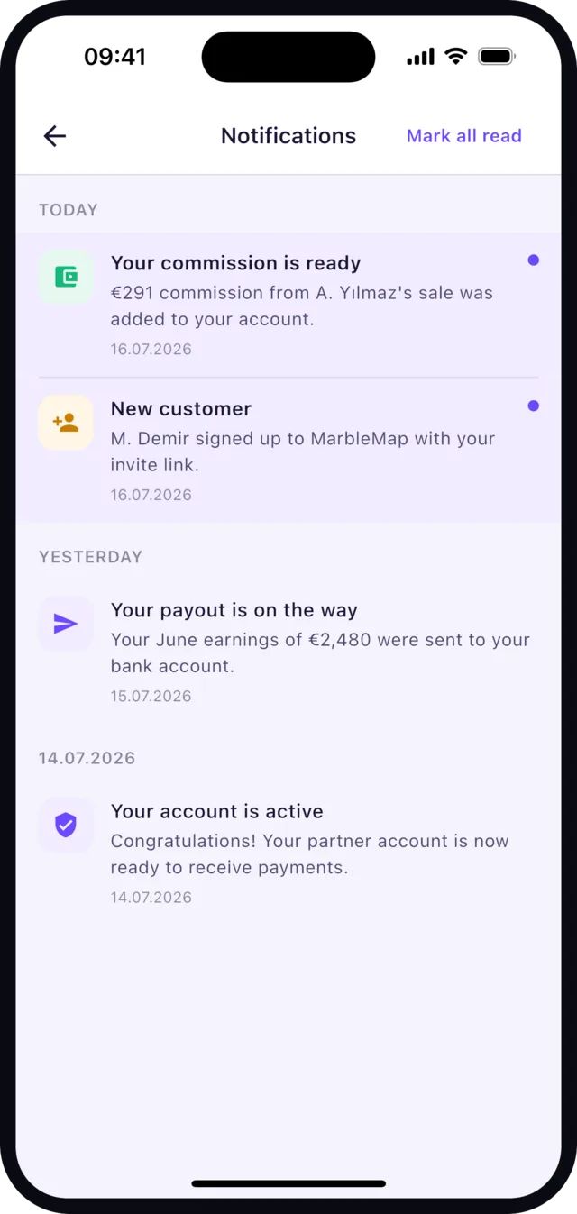 Fusapp Go partner app notifications screen