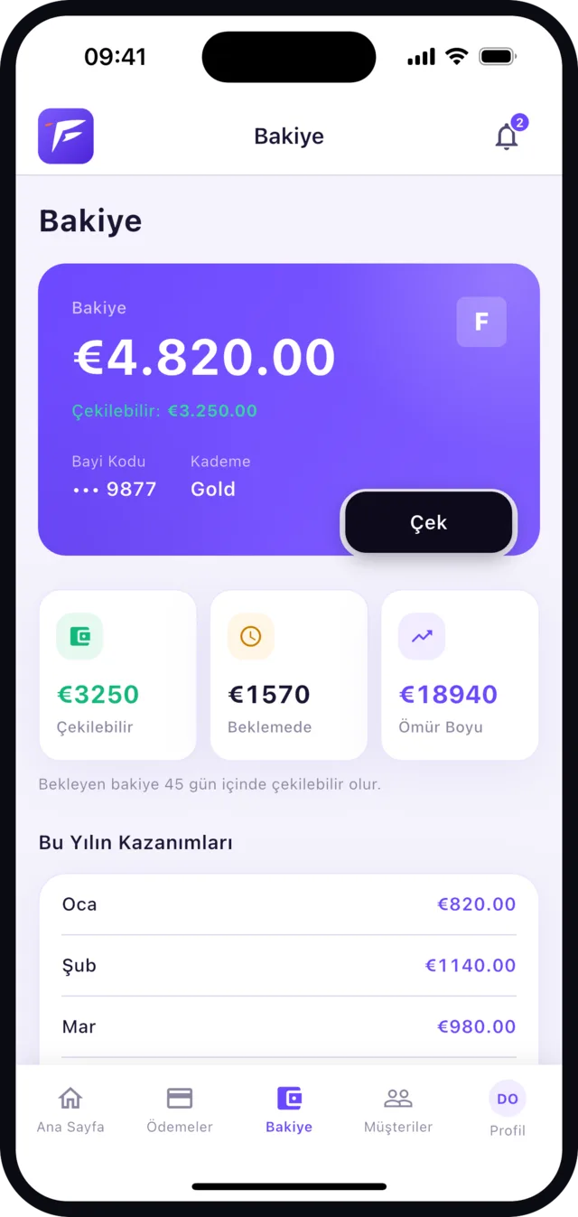 Fusapp Go partner app bakiye ekranı