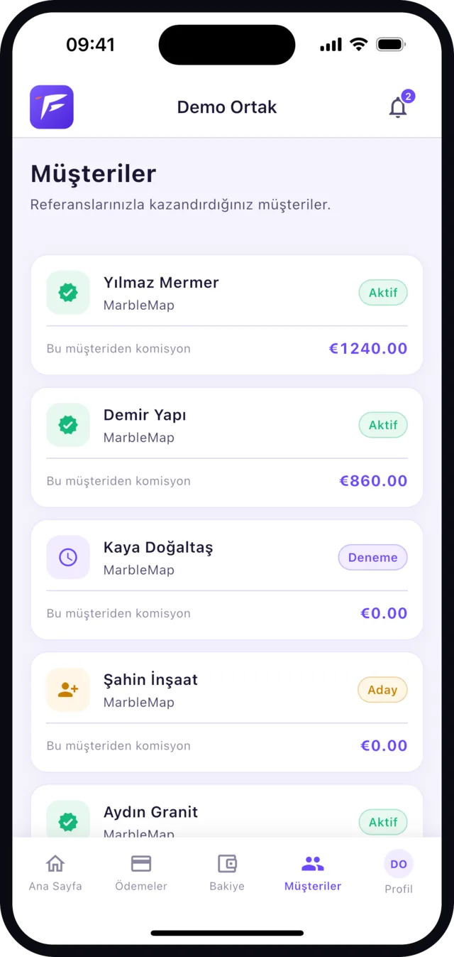 Fusapp Go partner app customer list
