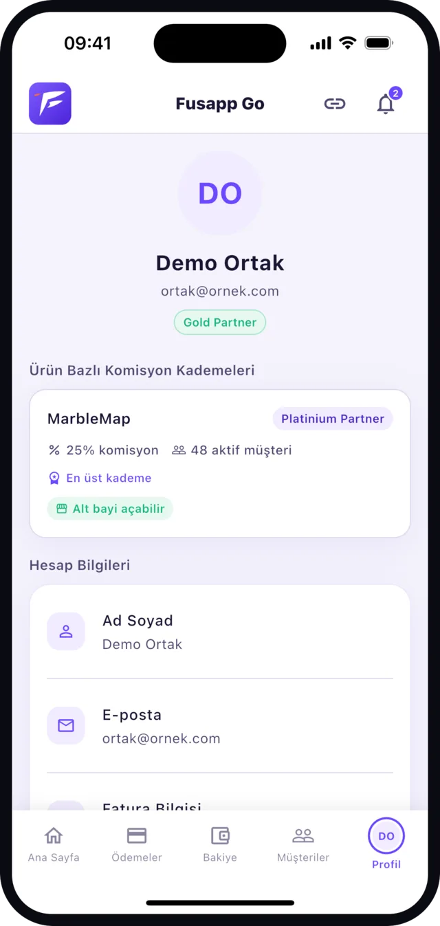 Fusapp Go partner app Gold Partner profile screen
